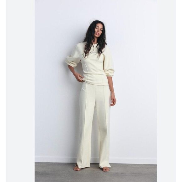 Zara Women Dress Pants L off White Wide Leg Interlock Knit Trousers 3641/860 NWT - Picture 1 of 14